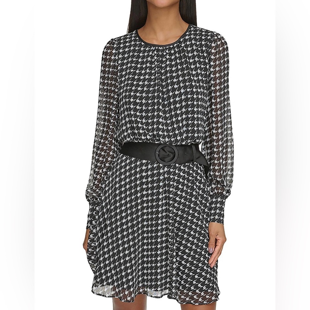 KARL LAGERFELD PARIS Houndstooth Belted Fit & Flare Dress, Size 14 - Picture 5 of 16